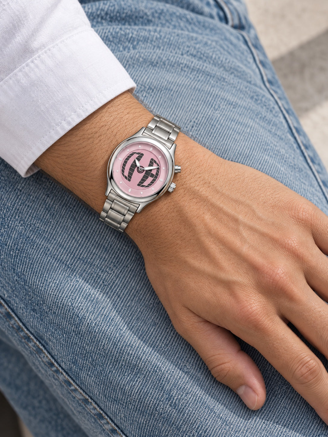 OTHERWHEN editorial-pink watch correctly worn with bracelet wrapped around the wrist