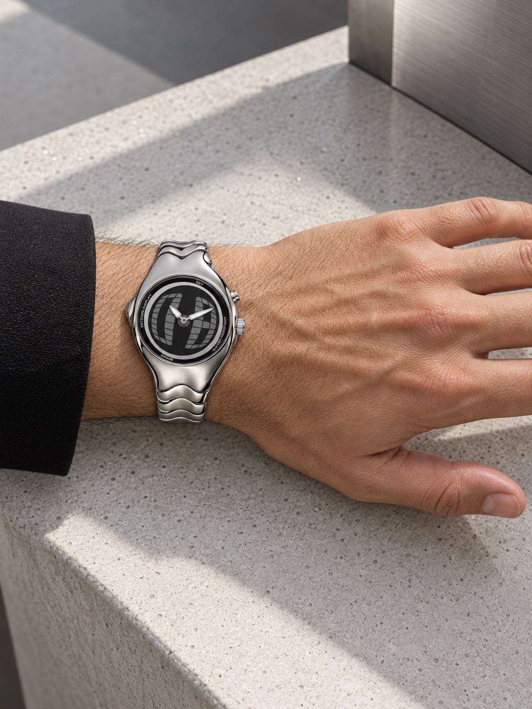 OTHERWHEN editorial-sculpted watch correctly worn with bracelet wrapped around the wrist